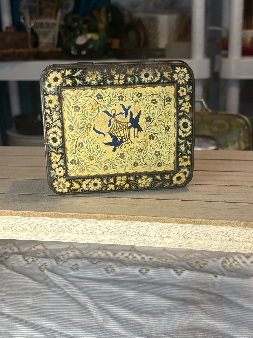 Vintage Decorative Floral Bird Tin - Yellow & Blue